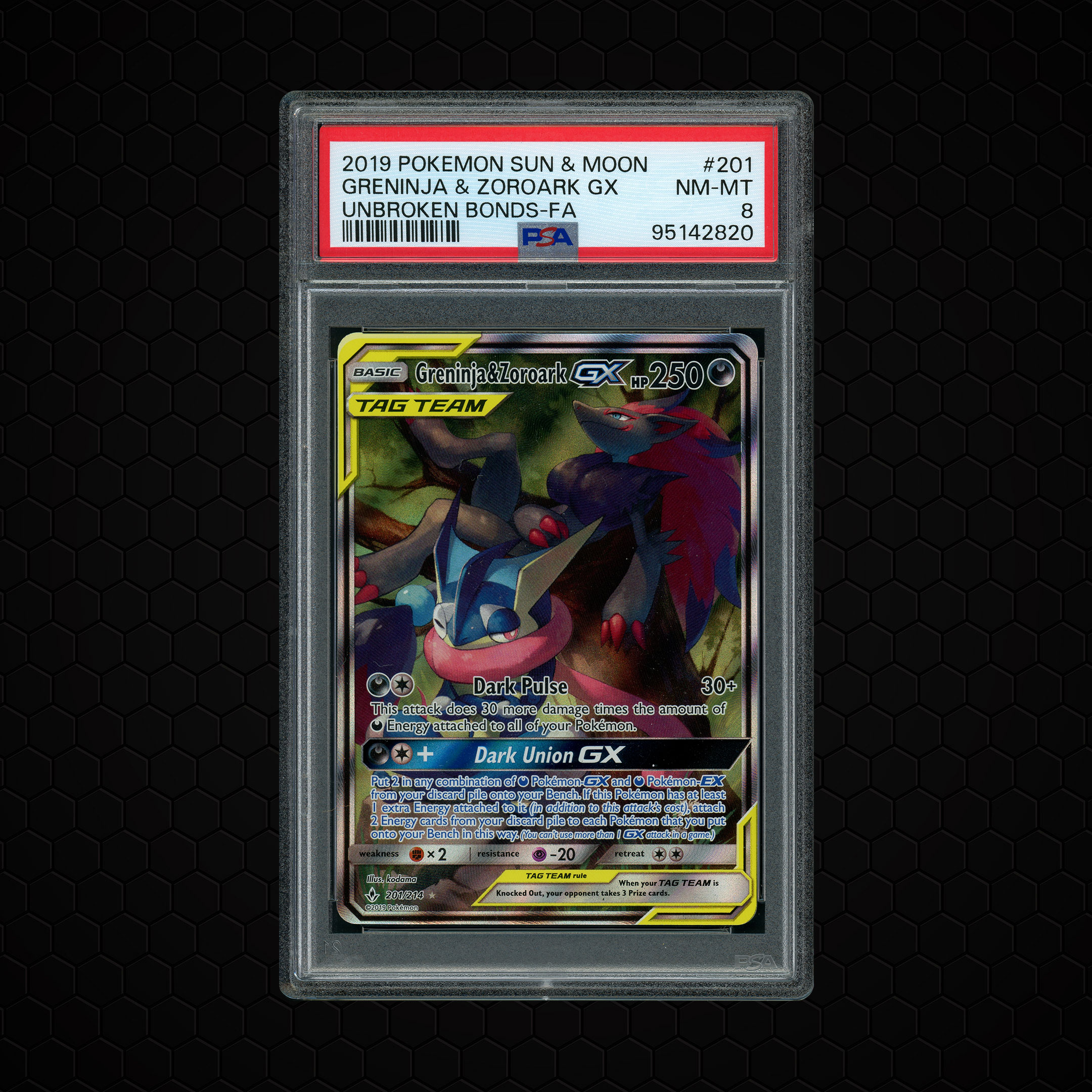 2019 Unbroken Bonds Greninja & Zoroark GX #201 PSA 8