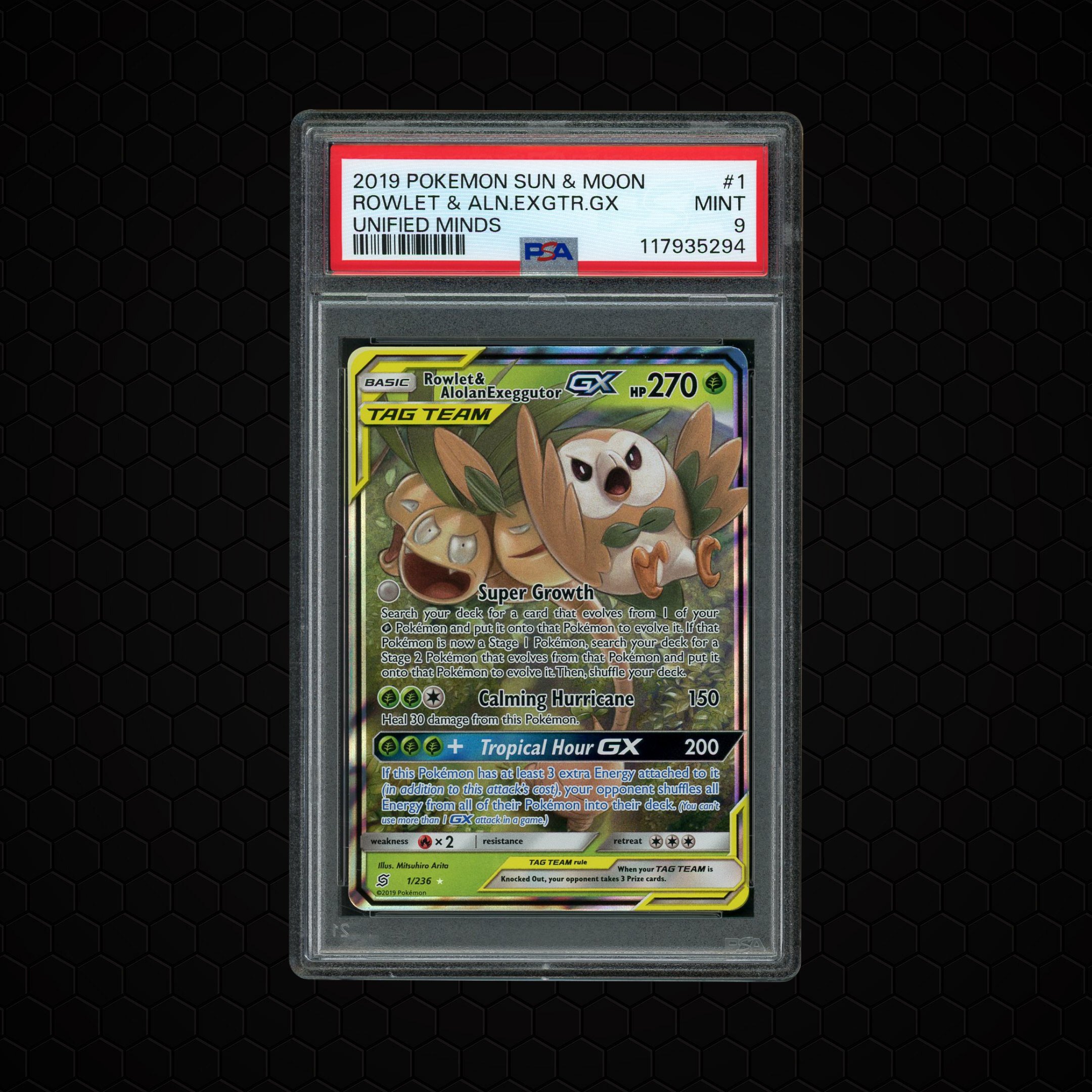 2019 Unified Minds Rowlet & Alolan Exeggutor GX #1 PSA 9