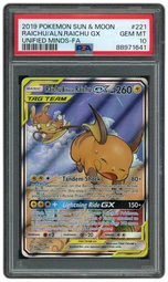 2019 Unified Minds Raichu & Alolan Raichu GX #221 PSA 10 on Beezie.
