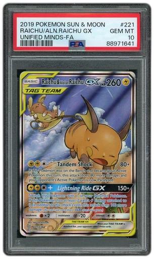 2019 Unified Minds Raichu & Alolan Raichu GX #221 PSA 10