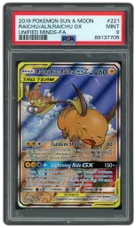 2019 Unified Minds Raichu & Alolan Raichu GX #221 PSA 9 on Beezie.