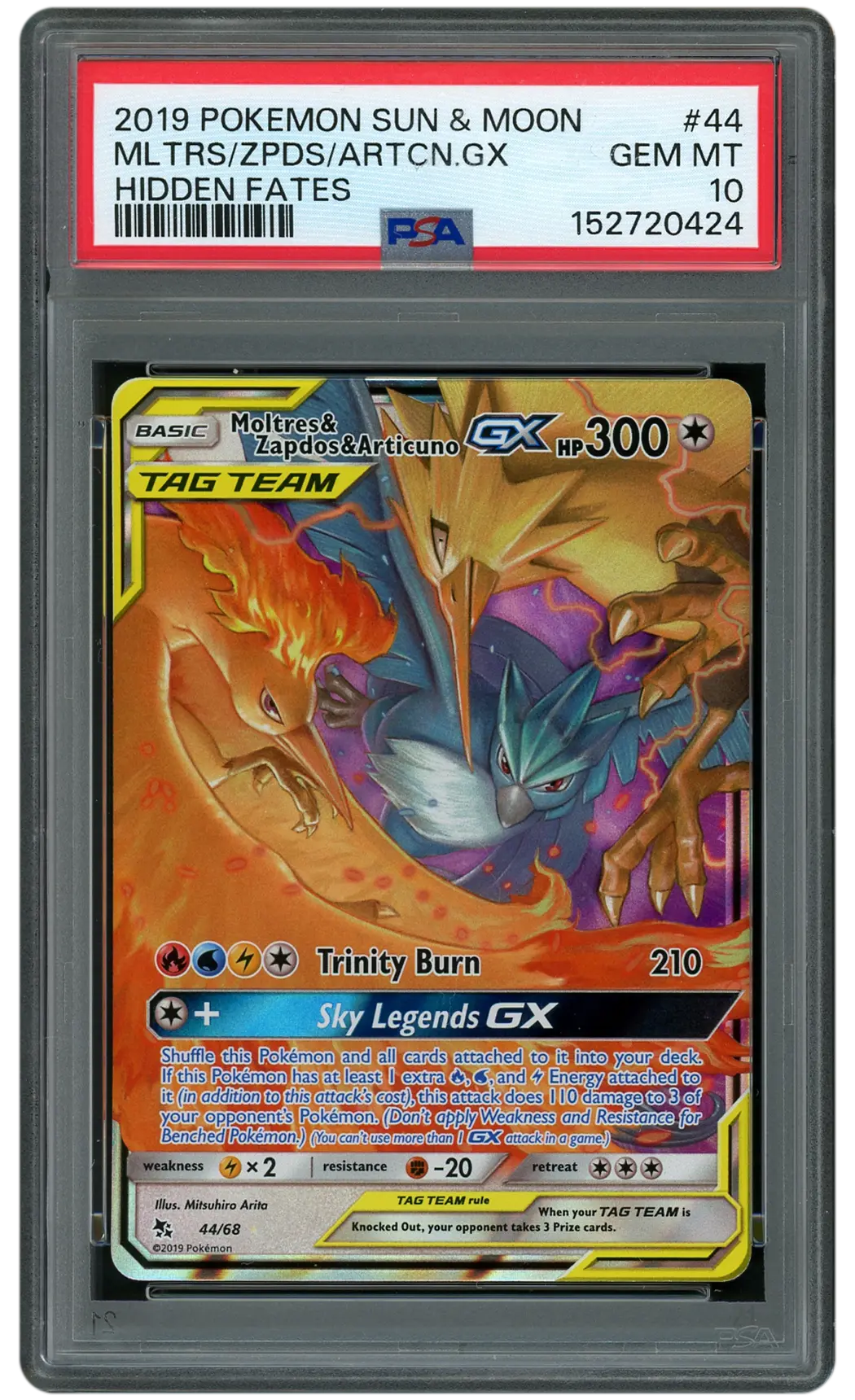 2019 Hidden Fates Moltres & Zapdos & Articuno GX #44 PSA 10