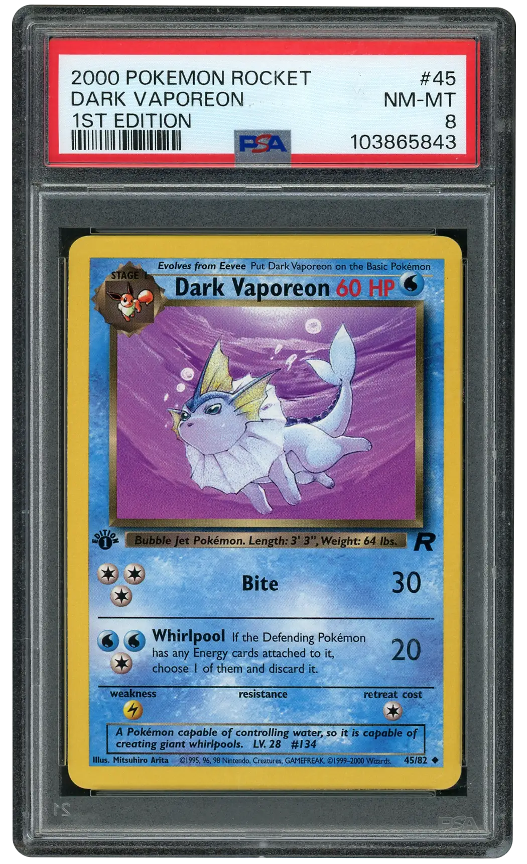 2000 Rocket 1st Edition Dark Vaporeon #45 PSA 8