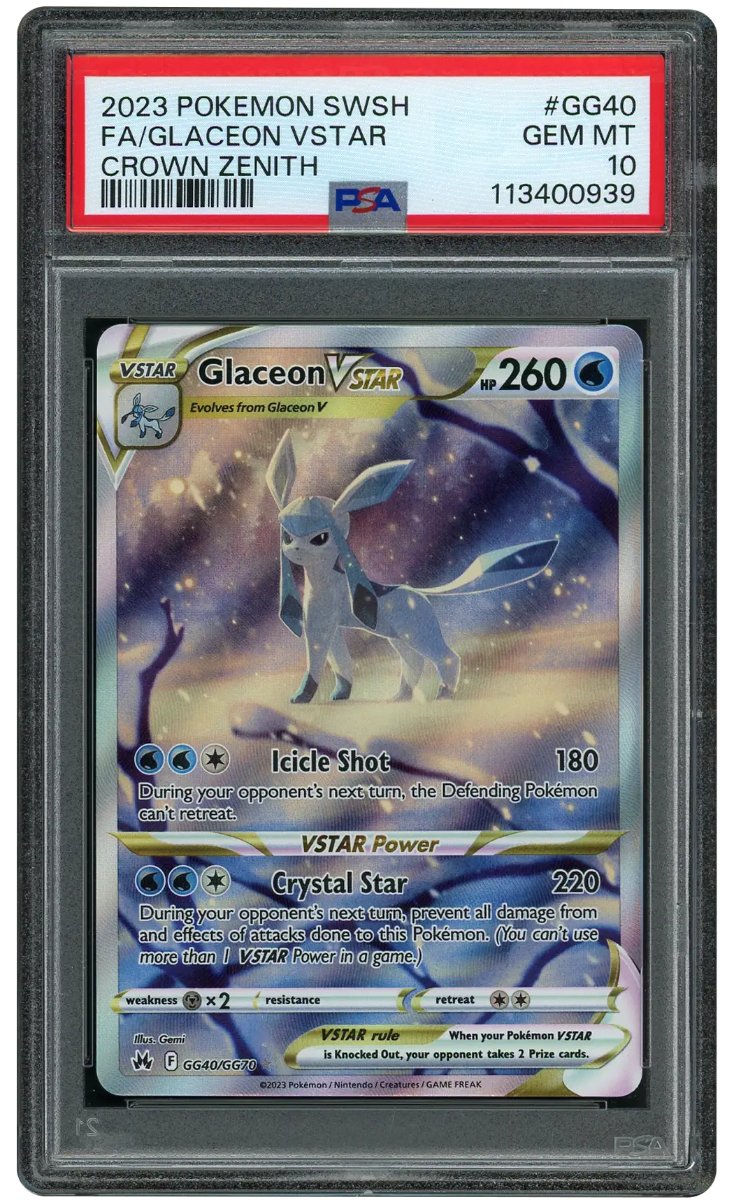 2023 Crown Zenith Glaceon VSTAR #GG40 PSA 10