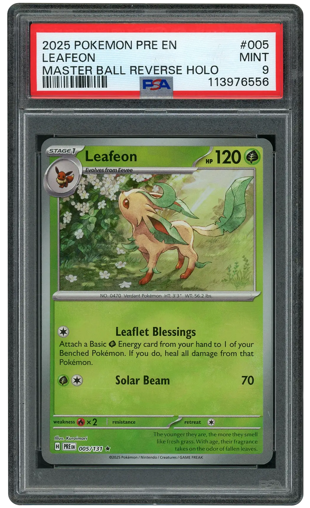 2025 Prismatic Evolutions Masterball Leafeon #5 PSA 9
