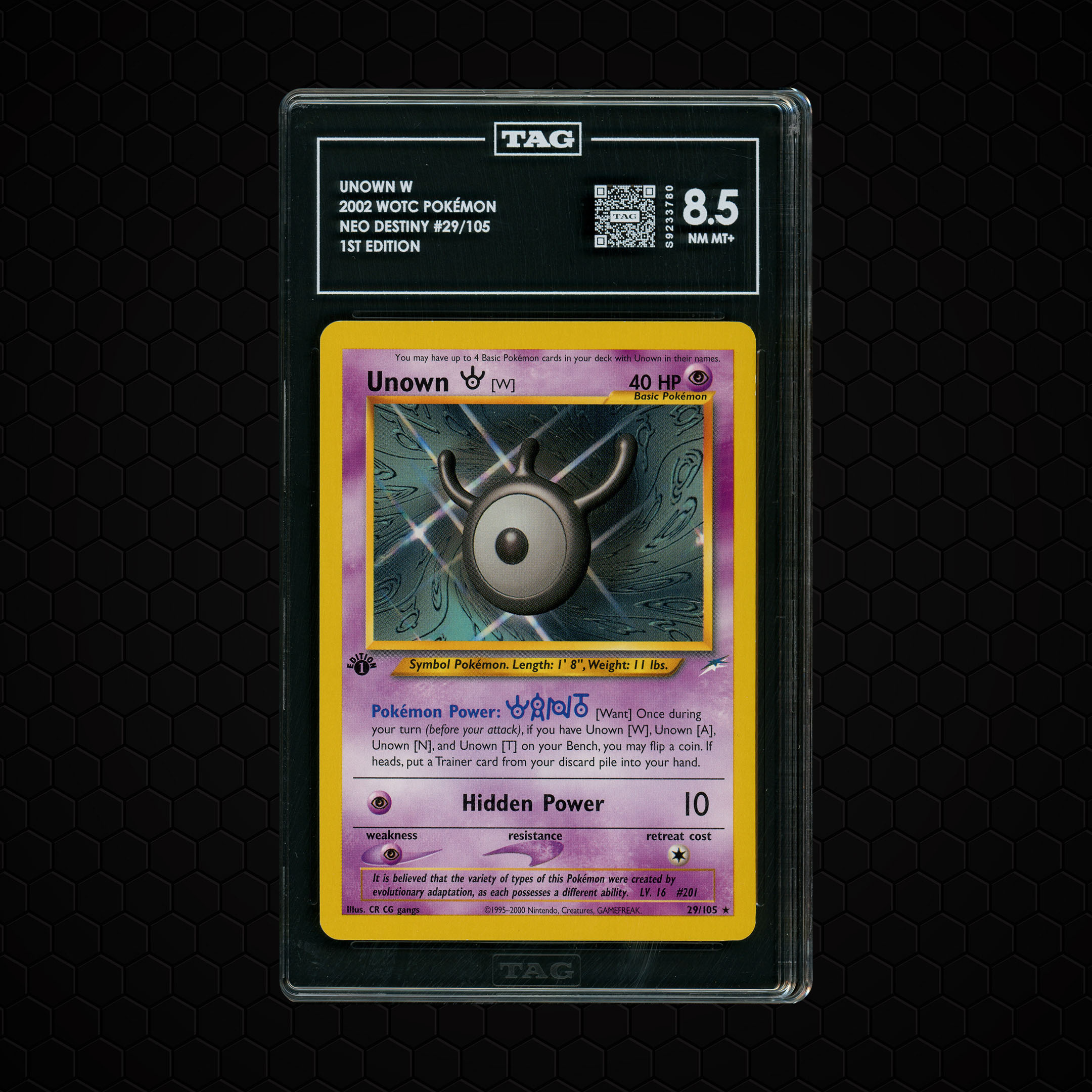 2002 Neo Destiny 1st Edition Unown W #29 TAG 8.5