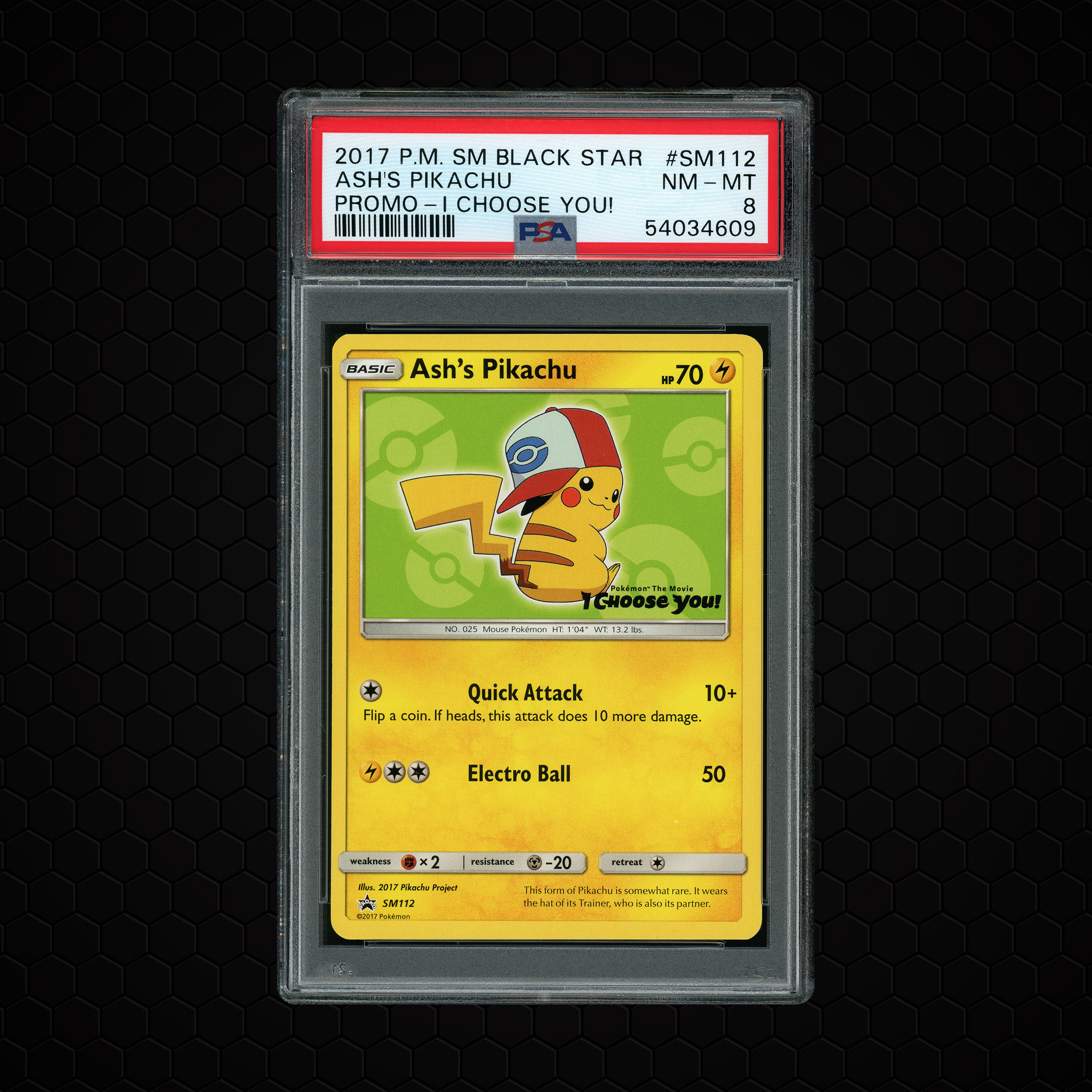 2017 Black Star Promo Ash's Pikachu #SM112 PSA 8