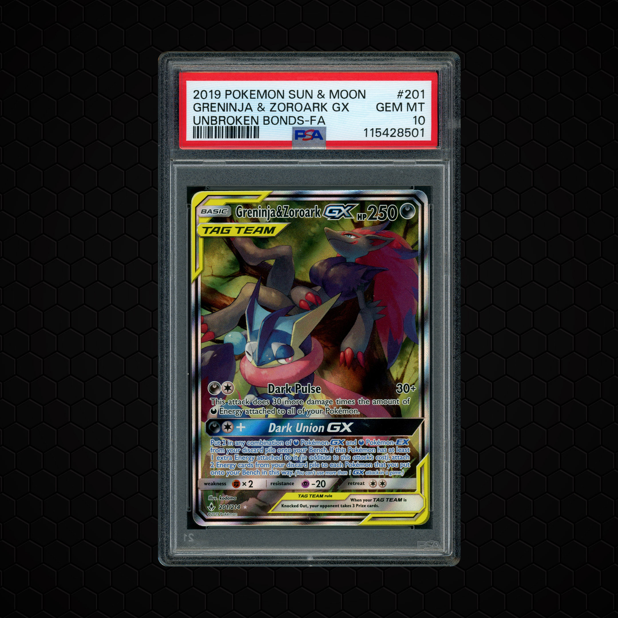 2019 Unbroken Bonds Greninja & Zorark GX #201 PSA 10