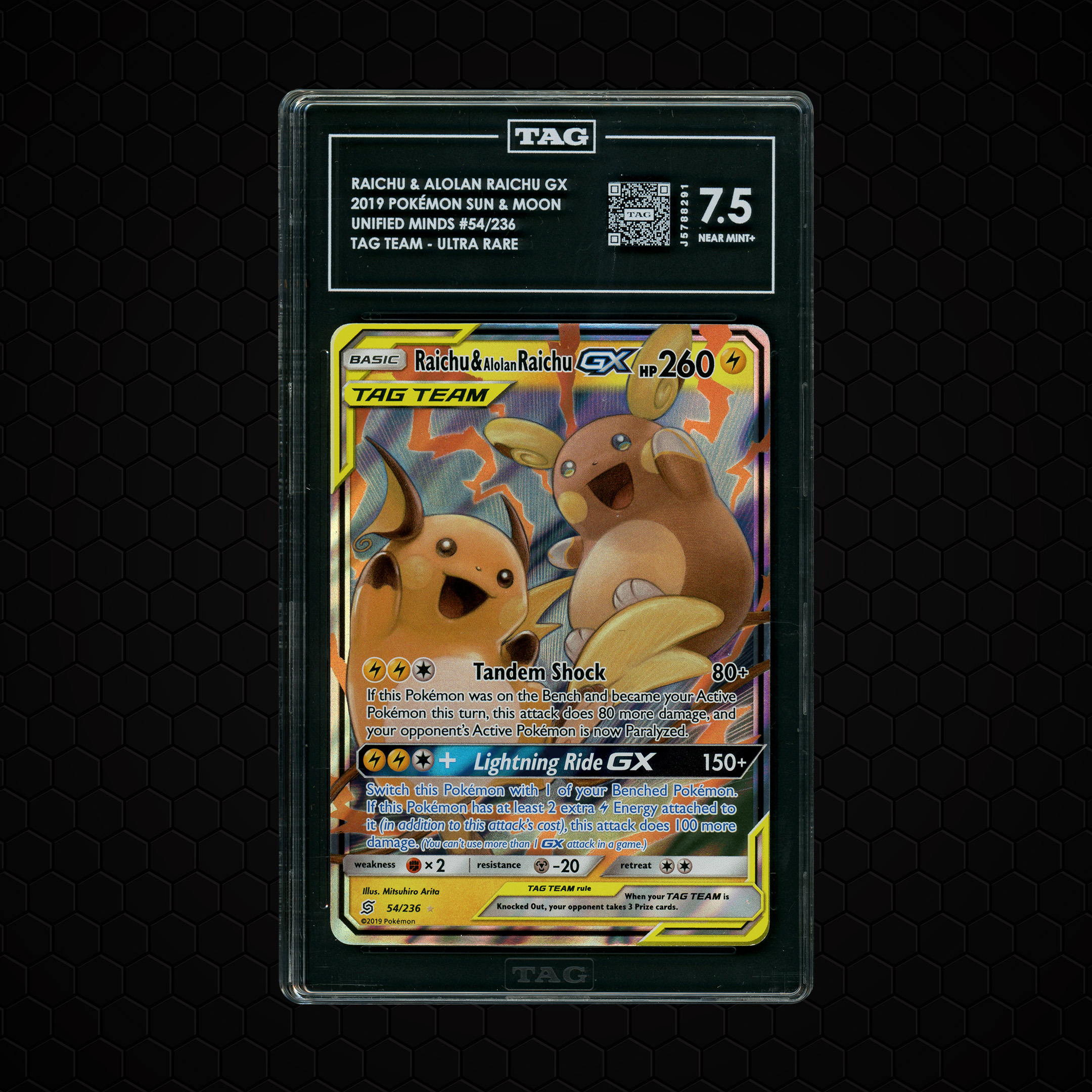 2019 Unified Minds Raichu & Alolan Raichu GX #54 TAG 7.5