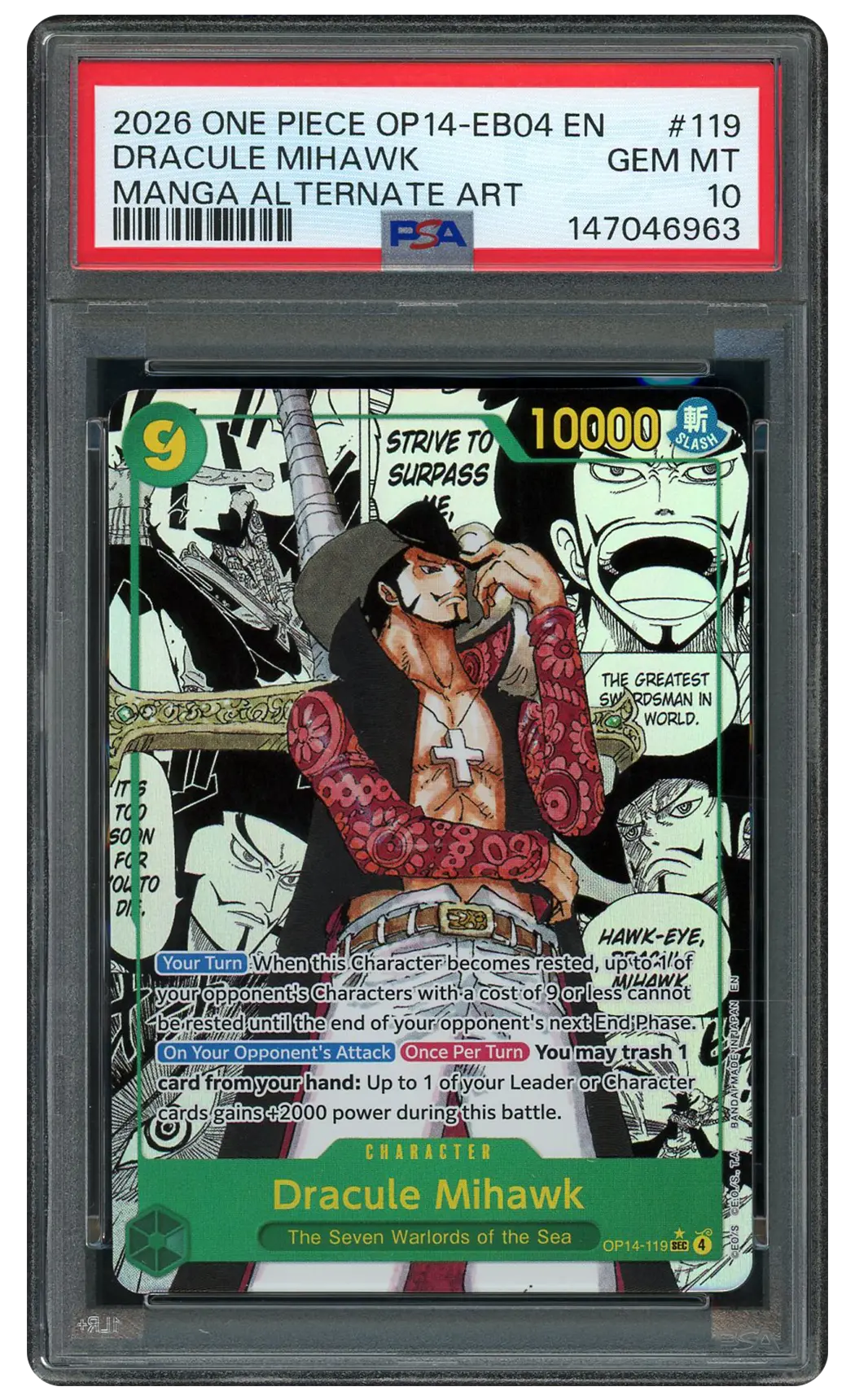 2026 The Azure Sea's Seven Manga Alt. Art Dracule Mihawk #OP14-119 PSA 10