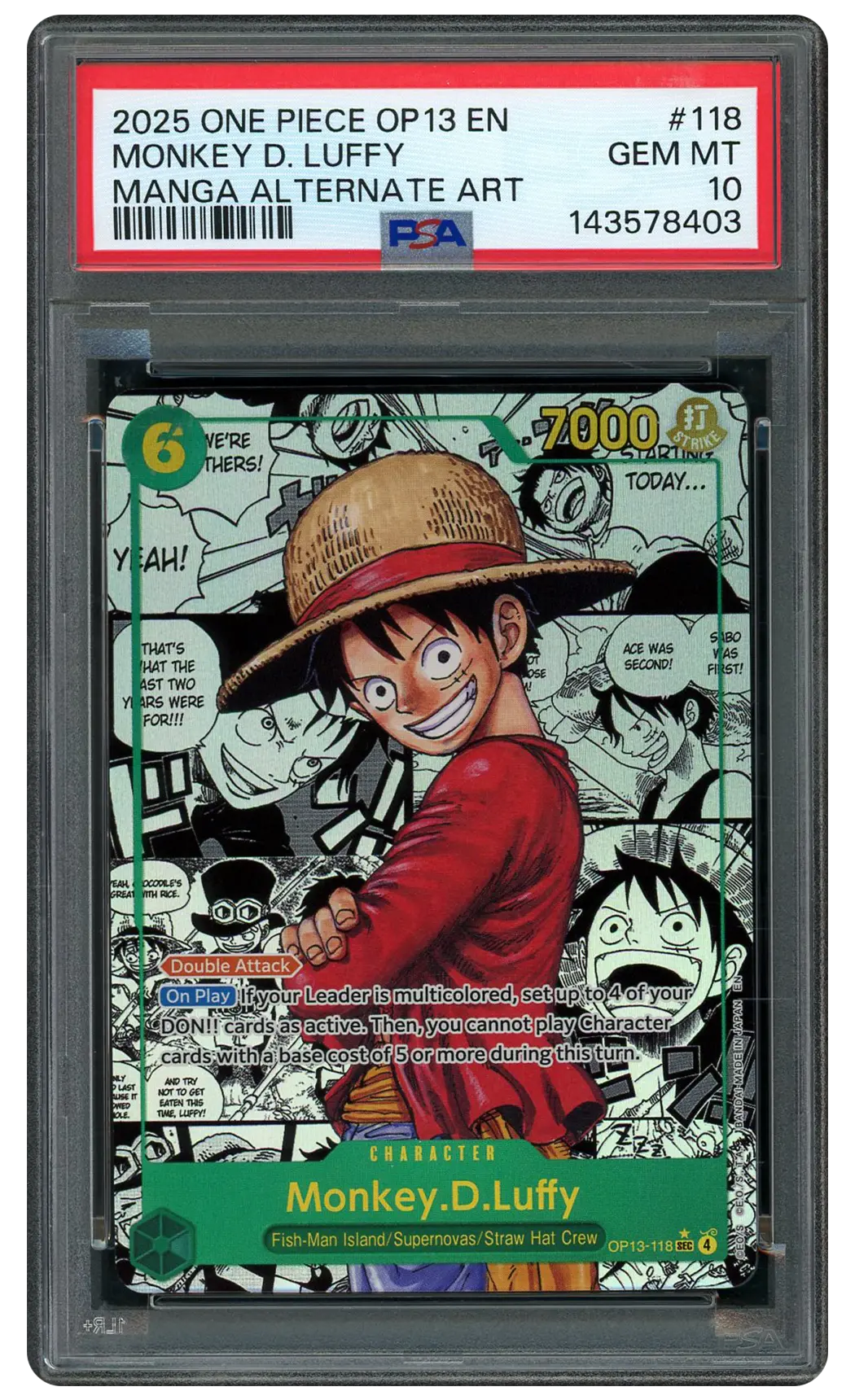 2025 Carrying On His Will Manga Alt. Art Monkey D. Luffy #OP13-118 PSA 10